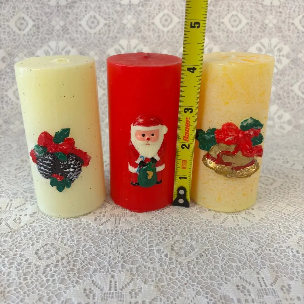 Set of 3 Vintage Christmas Pillar Candles Santa Bells Pinecones Holiday Decor